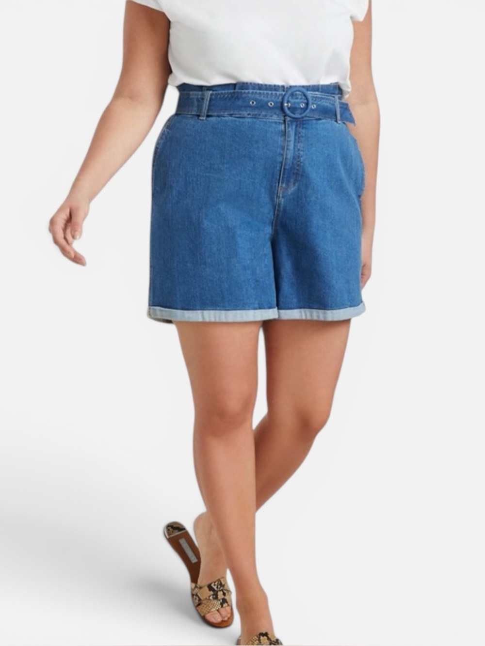 Eloquii Paper Bag Waist Cuffed High Waist Denim Jean Plus Size Shorts Size 14